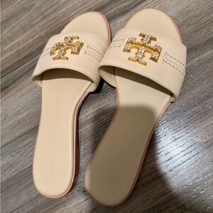 Tory Burch Beige Slide Sandals with Gold Logo